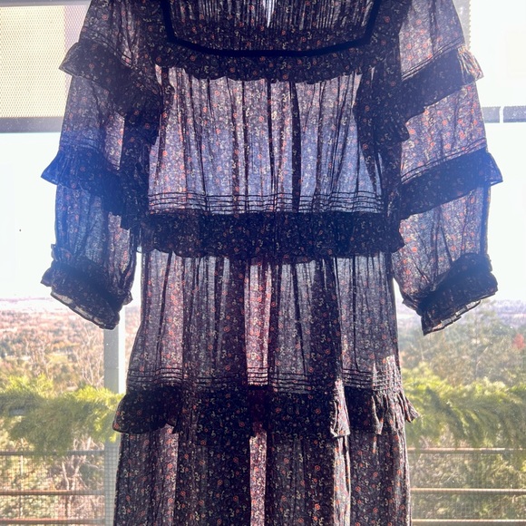 💋SOLD💋🍾🖤DÔEN ‘Clay’ Prairie Dress Wednesday Black/Blue Floral XS/S - Picture 2 of 10